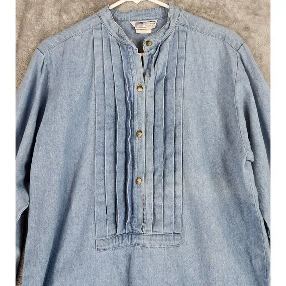 Central Falls Shirt Womens Medium Blue Denim Pleated Worn Grannycore Vintage Top - Picture 8 of 13